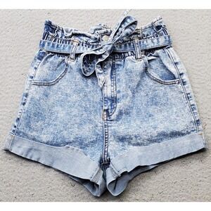 UNIQ BY LITZ Paperbag Shorts Womens S Blue Denim Tie Waist Cuffed Hem Button Fly